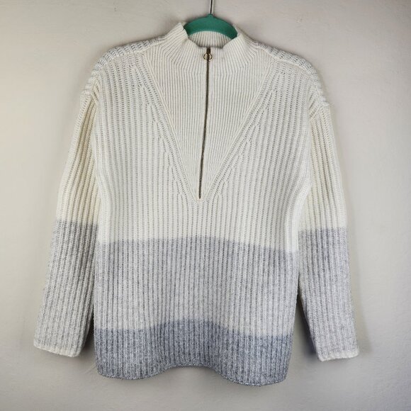 Talbots Cream Gray Colorblock Striped Ribbed Zip Collar Sweater sz S - Picture 1 of 9